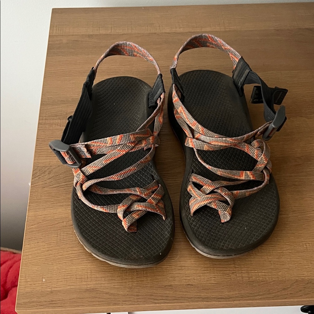 Chaco Strappy Sandals with Orange and Pink and Yellow Design